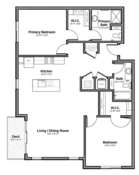 Floor plan for 2 beds, 2 baths, 1270 sqft
