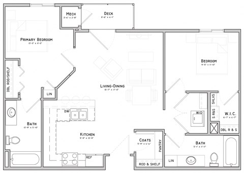 Floor plan for 2 beds, 2 baths, 893 sqft