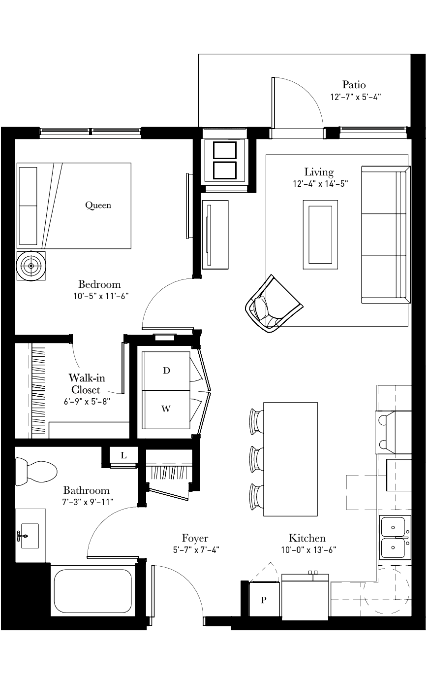 Floor plan for 1 bed, 1 bath, 692 sqft