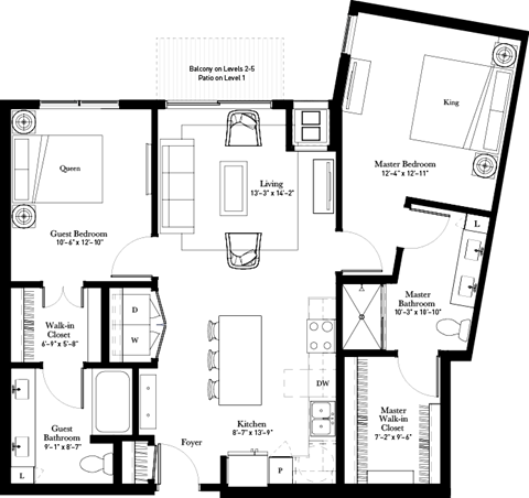 Floor plan for 2 beds, 2 baths, 1088 sqft