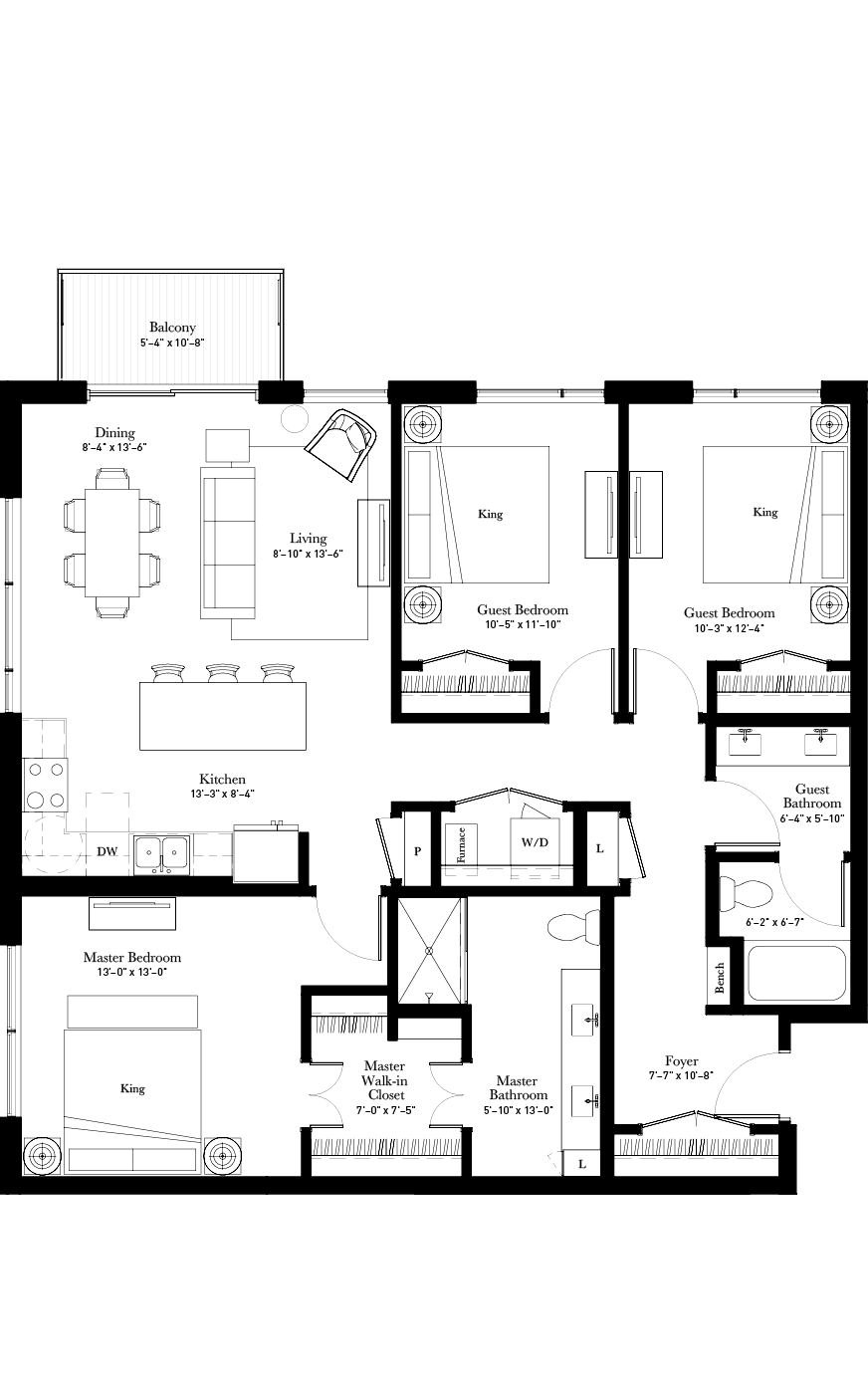 Floor plan for 3 beds, 2 baths, 1421 sqft