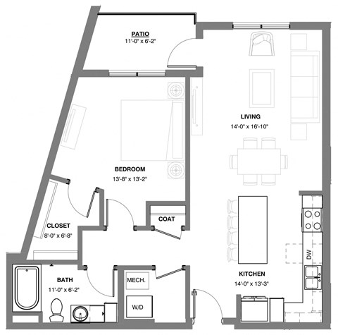 Floor plan for 1 bed, 1 bath, 817 sqft