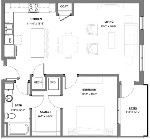 Floor plan for 1 bed, 1 bath, 873 sqft