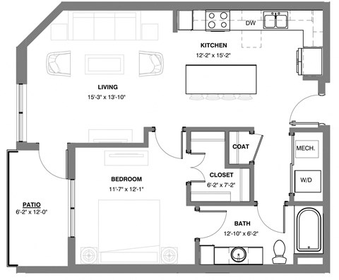 Floor plan for 1 bed, 1 bath, 753 sqft
