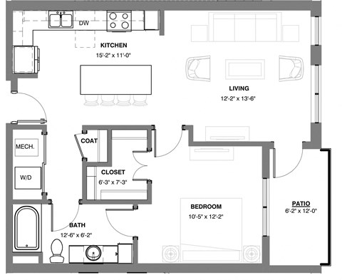 Floor plan for 1 bed, 1 bath, 740 sqft