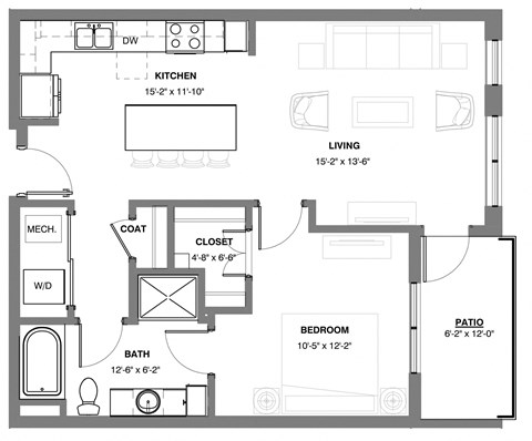 Floor plan for 1 bed, 1 bath, 740 sqft