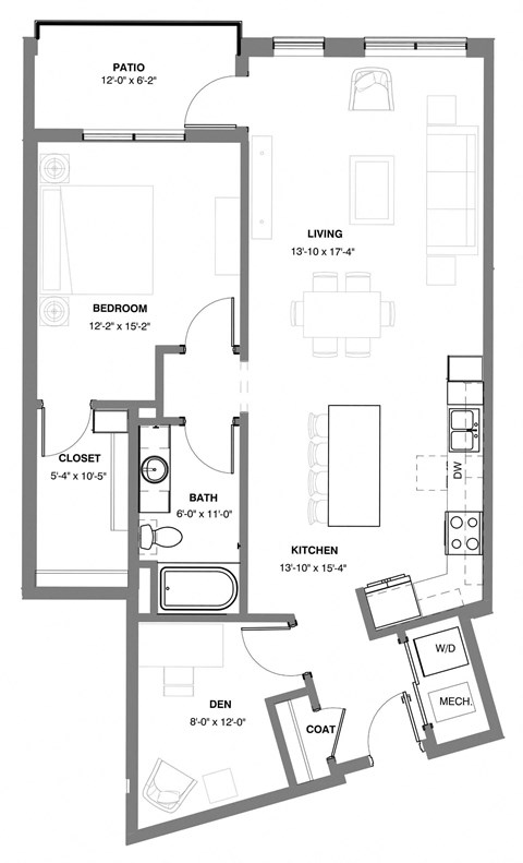 Floor plan for 1 bed, 1 bath, 972 sqft