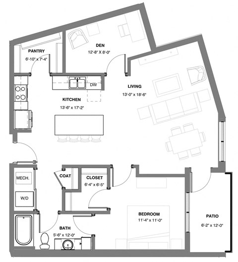 Floor plan for 1 bed, 1 bath, 931 sqft