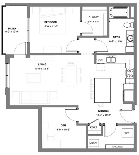 Floor plan for 1 bed, 1 bath, 927 sqft