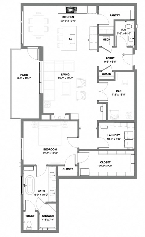 Floor plan for 1 bed, 1 bath, 1515 sqft