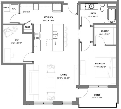 Floor plan for 1 bed, 1 bath, 953 sqft
