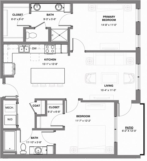 Floor plan for 2 beds, 2 baths, 1020 sqft