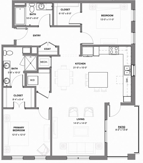 Floor plan for 2 beds, 2 baths, 1225 sqft