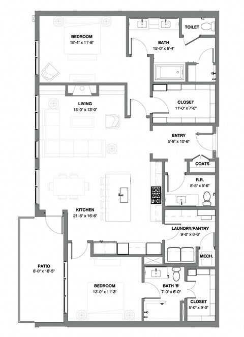 Floor plan for 2 beds, 2 baths, 1542 sqft