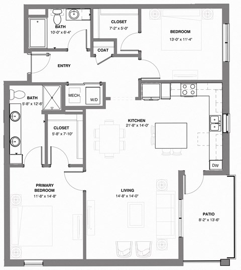 Floor plan for 2 beds, 2 baths, 1200 sqft