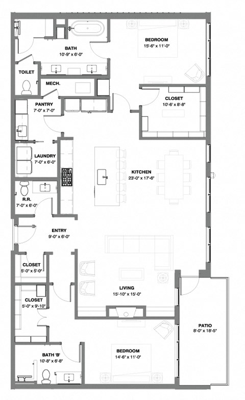 Floor plan for 2 beds, 2 baths, 1919 sqft