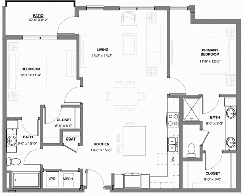 Floor plan for 2 beds, 2 baths, 1140 sqft