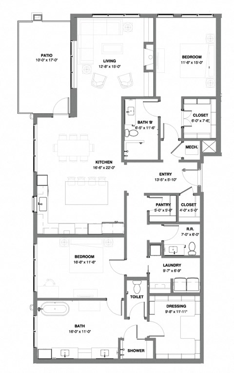 Floor plan for 2 beds, 2 baths, 1923 sqft