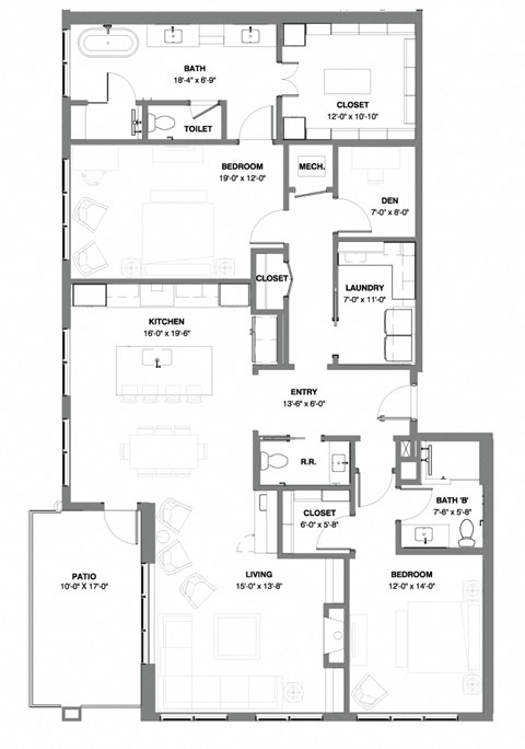 Floor plan for 2 beds, 2 baths, 1900 sqft