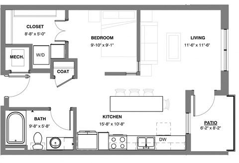 Floor plan for studio, 1 bath, 576 sqft