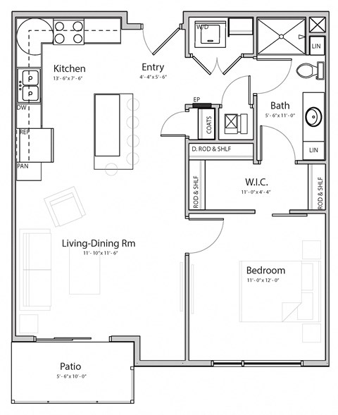 Floor plan for 1 bed, 1 bath, 729 sqft