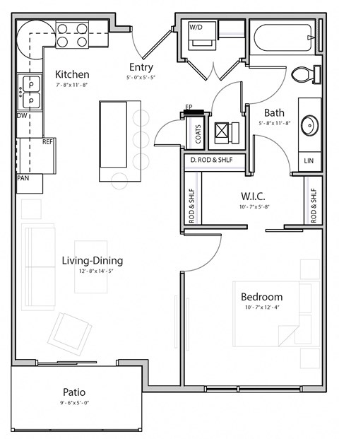 Floor plan for 1 bed, 1 bath, 676 sqft