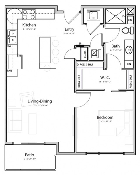 Floor plan for 1 bed, 1 bath, 713 sqft