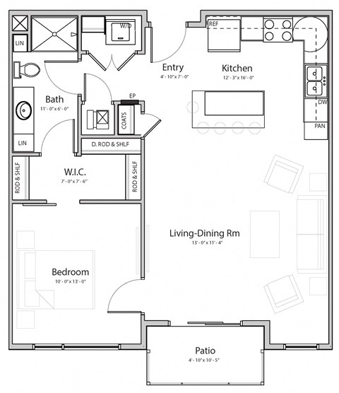 Floor plan for 1 bed, 1 bath, 782 sqft