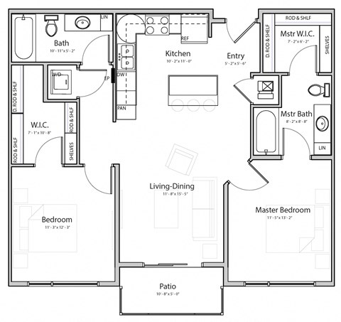 Floor plan for 2 beds, 2 baths, 965 sqft