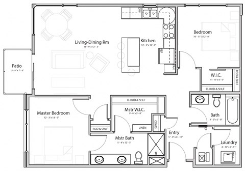 Floor plan for 2 beds, 2 baths, 1095 sqft