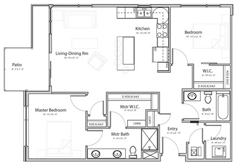 Floor plan for 2 beds, 2 baths, 1032 sqft