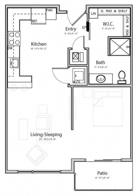 Floor plan for studio, 1 bath, 609 sqft