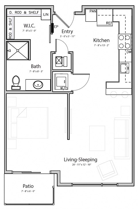 Floor plan for studio, 1 bath, 587 sqft