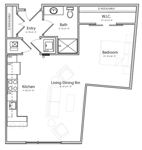 Floor plan for studio, 1 bath, 652 sqft