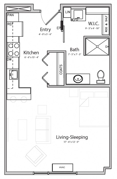 Floor plan for studio, 1 bath, 525 sqft