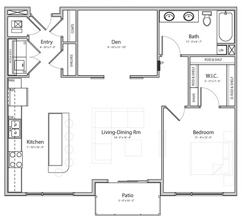 Floor plan for 1 bed, 1 bath, 1013 sqft