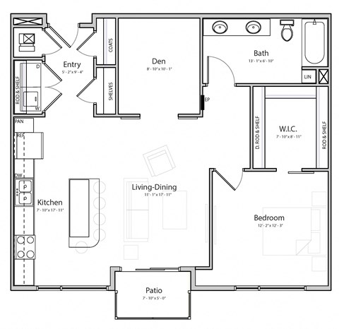 Floor plan for 1 bed, 1 bath, 947 sqft