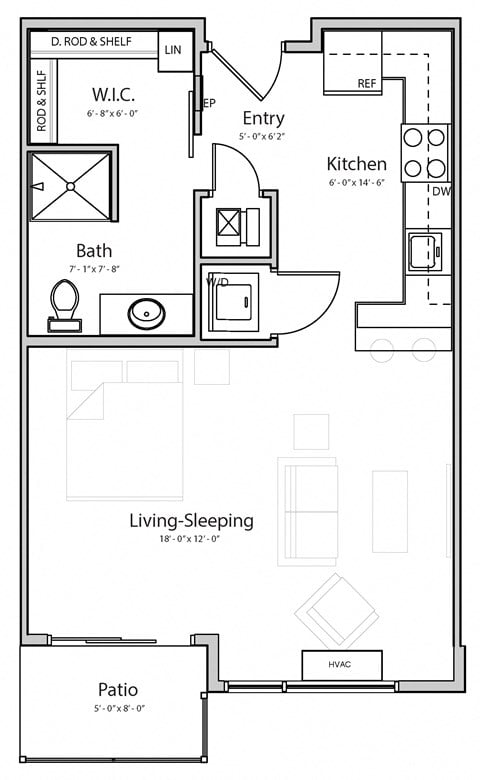 Floor plan for studio, 1 bath, 530 sqft
