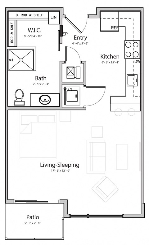 Floor plan for studio, 1 bath, 530 sqft