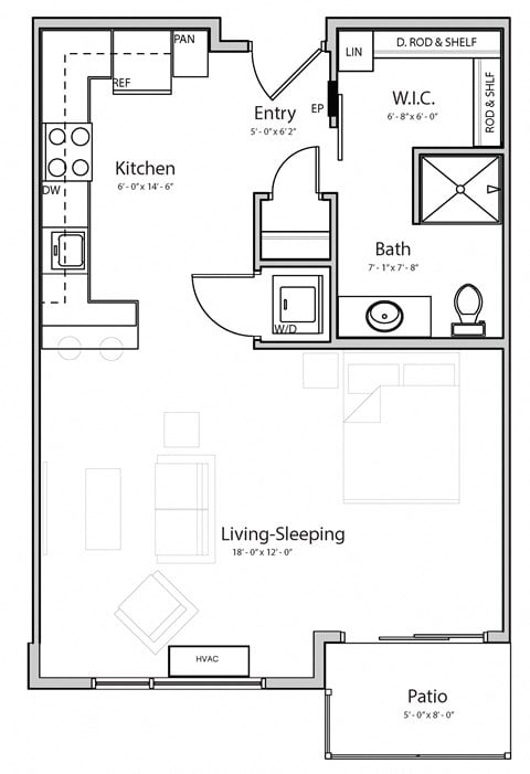 Floor plan for studio, 1 bath, 579 sqft