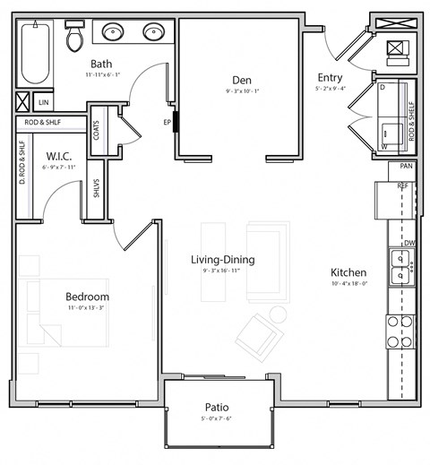 Floor plan for 1 bed, 1 bath, 851 sqft