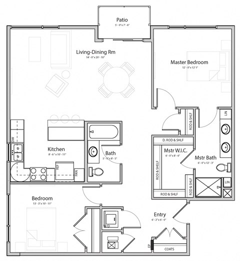 Floor plan for 2 beds, 2 baths, 1165 sqft