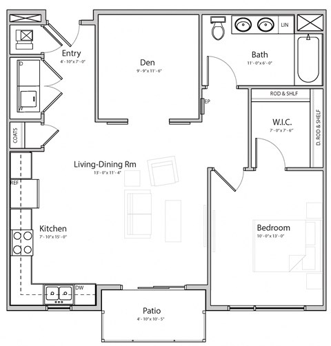 Floor plan for 1 bed, 1 bath, 867 sqft