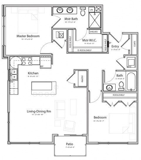 Floor plan for 2 beds, 2 baths, 1089 sqft