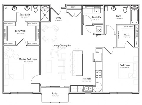 Floor plan for 2 beds, 2 baths, 1270 sqft