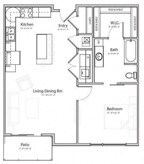 Floor plan for 1 bed, 1 bath, 780 sqft