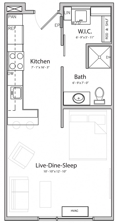 Floor plan for studio, 1 bath, 418 sqft
