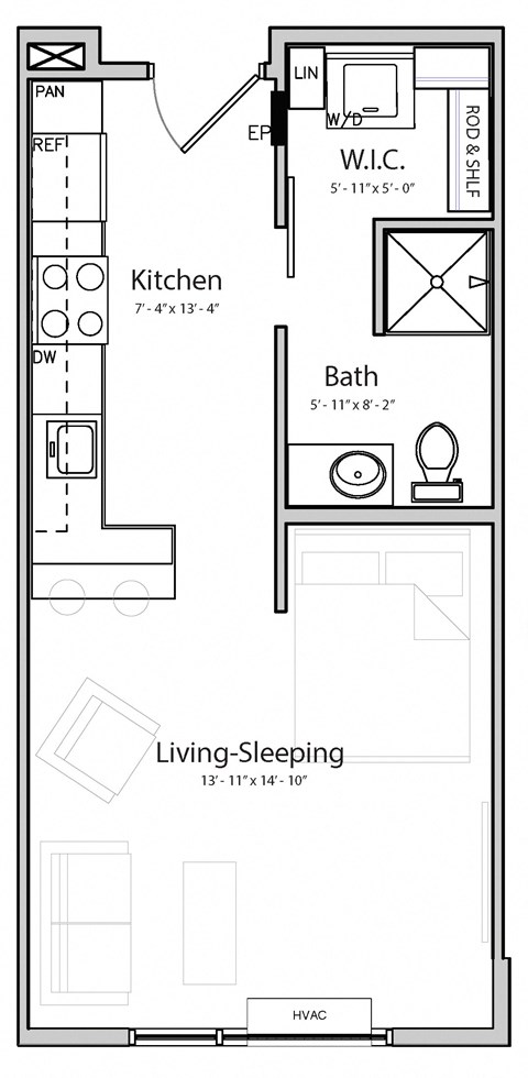 Floor plan for studio, 1 bath, 398 sqft