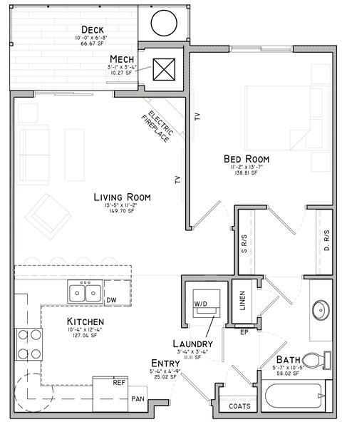 Floor plan for 1 bed, 1 bath, 706 sqft