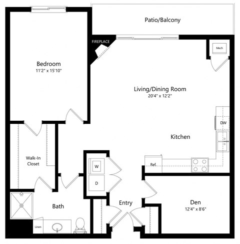 Floor plan for 1 bed, 1 bath, 989 sqft